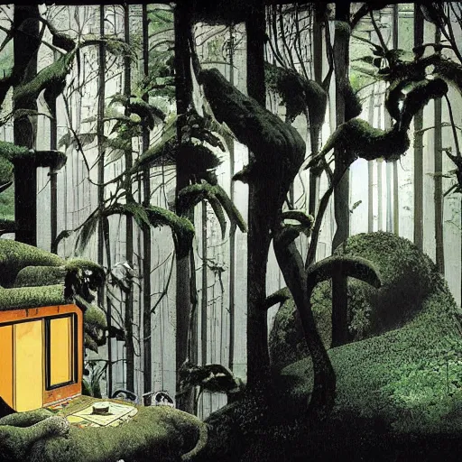 Image similar to A solar lush House in the woods, by Dave McKean and Studio Ghibli