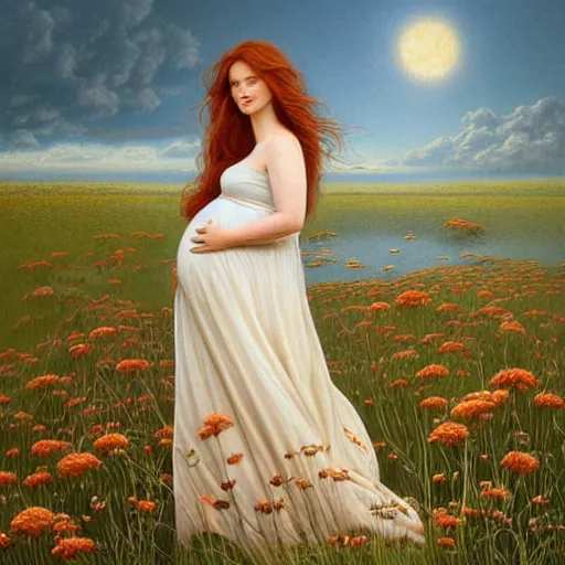 Prompt: extremely detailed and intricate portrait of a happy pregnant woman with long auburn hair in a white cotton dress pondering life as she watches the sun set, rule of thirds, lake, nature, field of wild flowers, deviantart, artwork by artgerm, art style by zdzistaw beksinski and brian froud and esao andrews and thomas kinkade