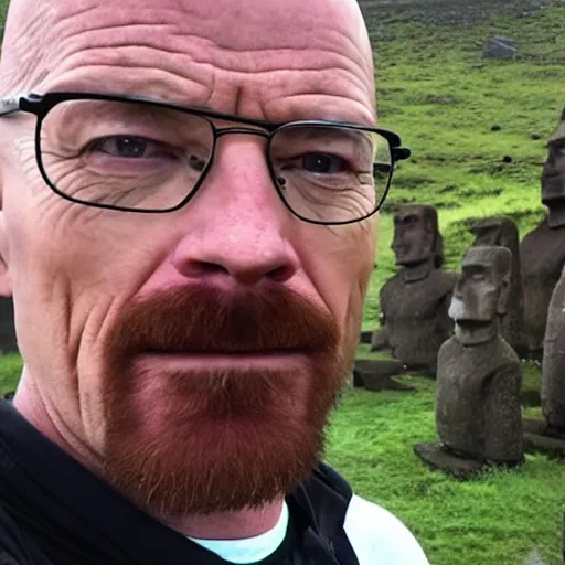 Image similar to walter white taking a selfie on rapa nui, moai