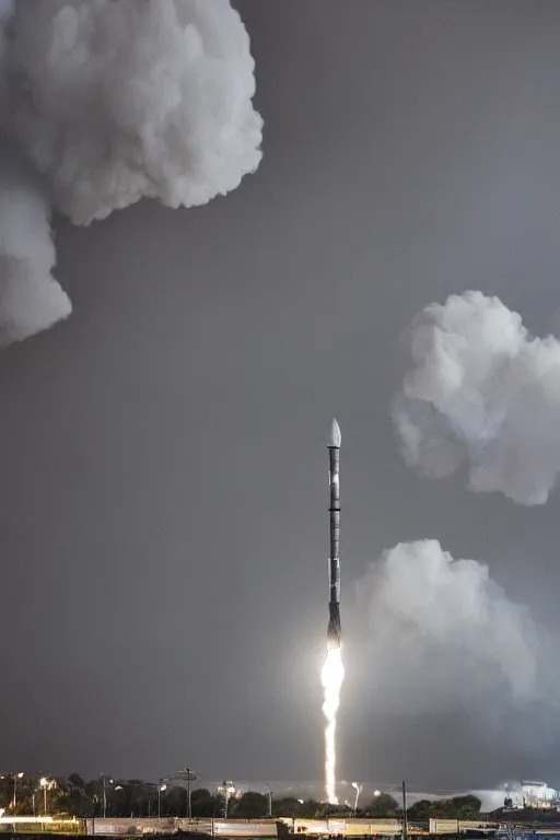 Prompt: photograph of a 2 0 2 0 s era rocket launching and leaving huge plumes of smoke, large crowds of people watching in astonishment, cinematic, night, rain