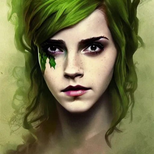 Image similar to emma watson as poison ivy. dark colors. menacing. haunting. frightening. trending on artstation. award winning. artgem. greg rutkowski. beksinski. extremely detailed. 4 k