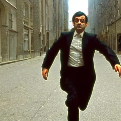 Image similar to Mr Bean in the Matrix, bullet time, cinematic, film clip