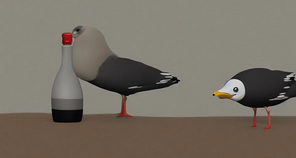 Prompt: seagull drinking a bottle of soy sauce, clay animation, highly detailed