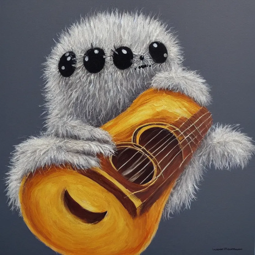 Image similar to medium shot, cute lucas the spider, fluffy spider, plays the guitar, 3 d art, oil painting