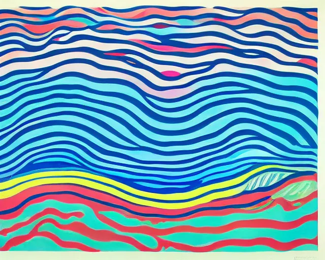 Prompt: Ocean waves in a psychedelic dream world. Edvard Munch. David Hockney. Takashi Murakami. Minimalist.