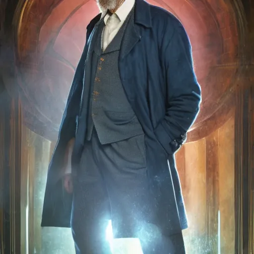 Image similar to hugh laurie as a rough dirty old man with a scruffy beard in a dark blue trenchcoat as the new doctor who, cinematic, volumetric lighting, f 8 aperture, cinematic eastman 5 3 8 4 film, photorealistic by greg rutkowski, by stanley artgerm, by alphonse mucha