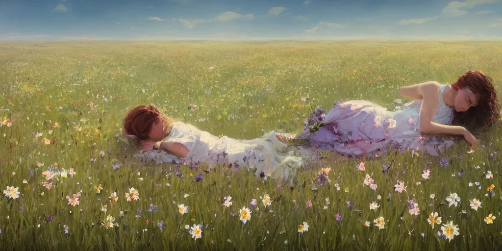 Prompt: a girl laying in a field of flowers, greg rutkowski, zabrocki, karlkka, jayison devadas, trending on artstation, 8 k, ultra wide angle, zenith view, pincushion lens effect