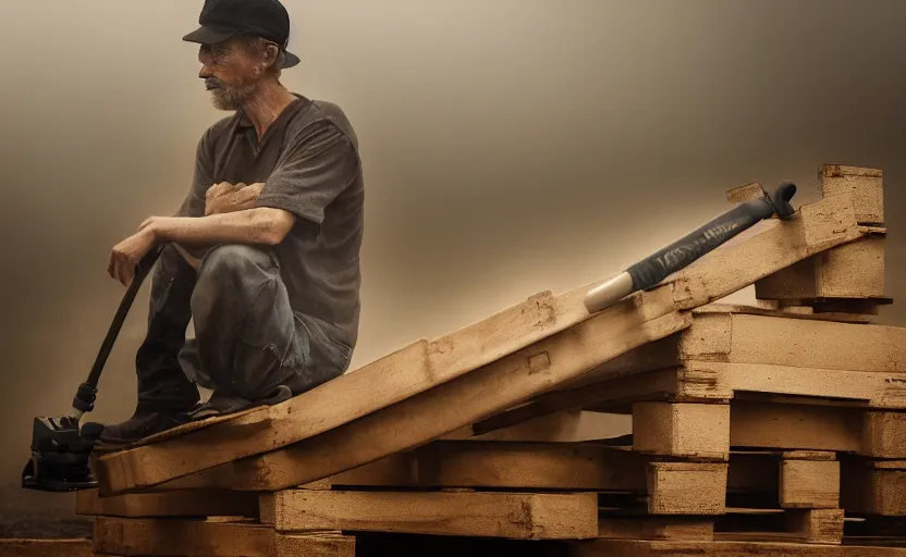 Image similar to a photographic portrait by Annie Leibovitz of man using a pallet jack, closeup, foggy, sepia, moody, dream-like, sigma 85mm f/1.4, 15mm, 35mm, 4k, high resolution, 4k, 8k, hd, full color