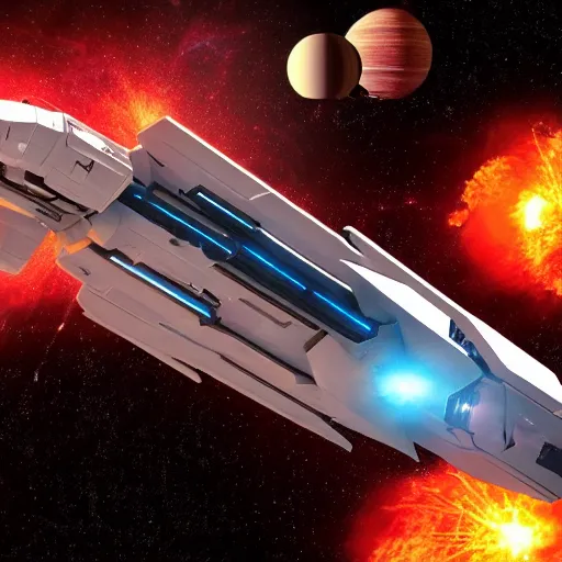 Image similar to science - fiction space battleship in combat, laser beams, explosions, space, planets