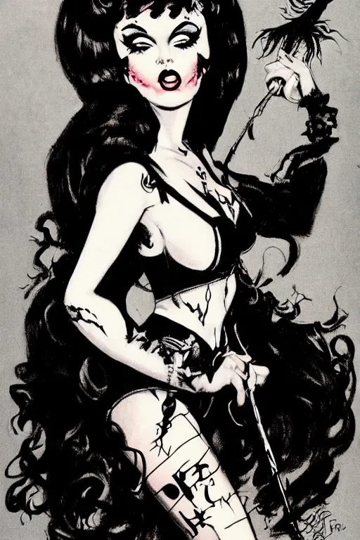 Image similar to of a witch girl burlesque psychobilly punk, detailed face, black hair, white background, drawing, illustration by frank frazetta