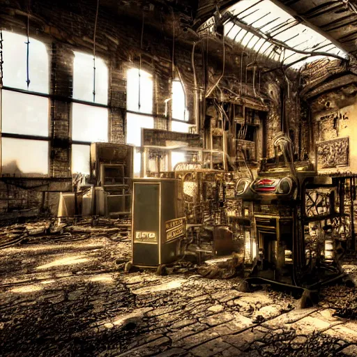 Prompt: abandoned steampunk factory with a synthesizer , cinematic light,