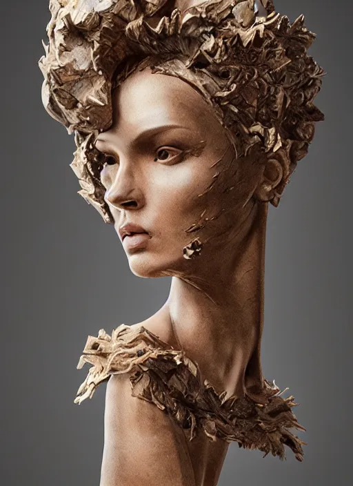 Image similar to sculpture made of wood, portrait, female, future, harper's bazaar, vogue, magazine, intricate, concept art, close up, ornate, luxury, elite, elegant, trending on artstation, by ruan jia, by Kenneth Willardt, by ross tran, by WLOP, by Andrei Riabovitchev,