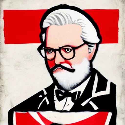 Image similar to Colonel Sanders holding a revolutionary flag, Soviet propaganda style, red back and white, epic detail, poster,