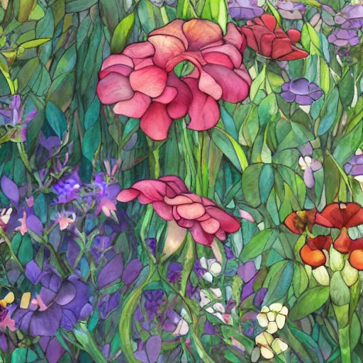 Image similar to synthetic elements of gouache painting of flowers and flower borders source material, style of studio ghibli, makoto shinkai, raphael lacoste, louis comfort tiffany, artgerm, james jean, ross tran