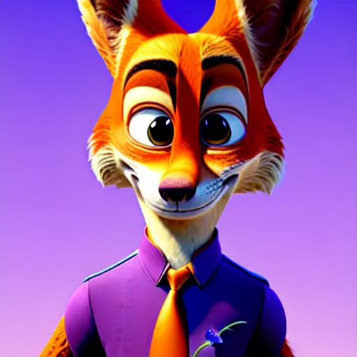 Image similar to Nick Wilde (from Zootopia) wearing a purple uniform