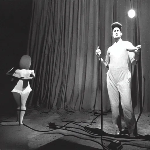 Image similar to DEVO plays on a small stage in David Lynch's film Eraserhead, 1977, black and white