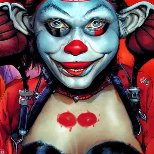 Image similar to Harley Quinn as a young ape kid, illustration, comic, by James Jean, by John Coltrane and Marc Simonetti, high detail of the face, full body