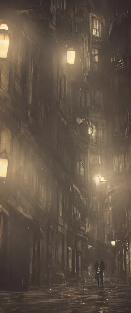 Image similar to lelouch lamperouge and asuka langley roaming the streets of dishonored town, dunwall city, redshift render, cinematic lighting, rainy weather, melancholy atmosphere, dunwall city, volumetric light, octane render, dishonored game, dishonored 1, gothic architecture, realistic reflections