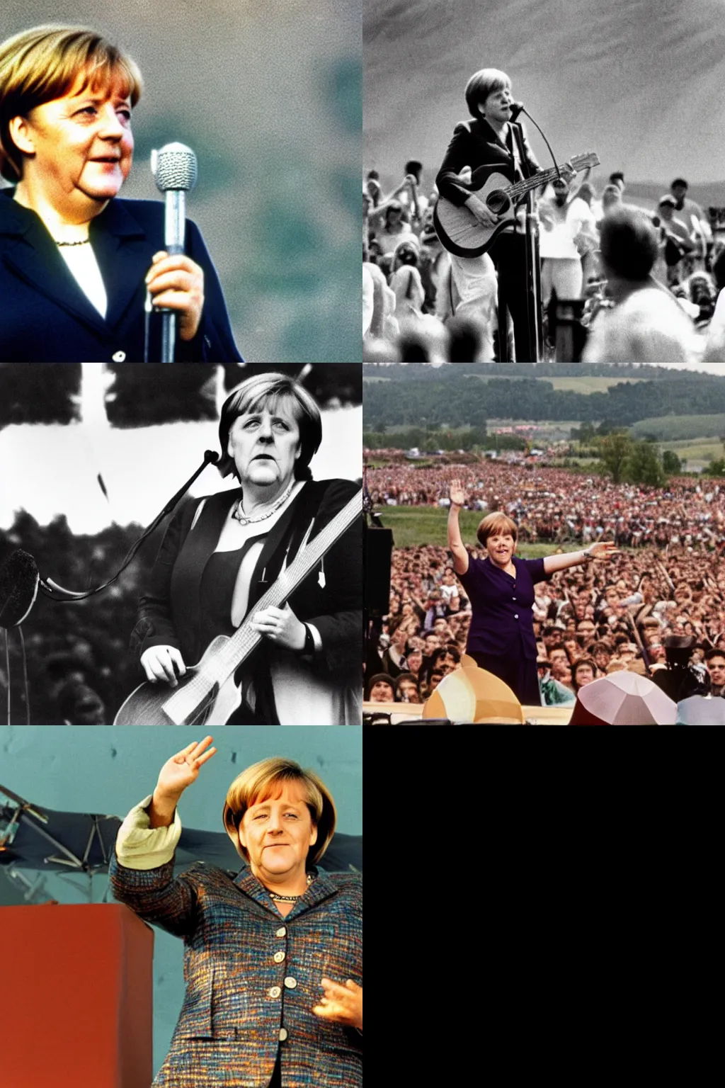 Prompt: angela merkel perfoming at woodstock