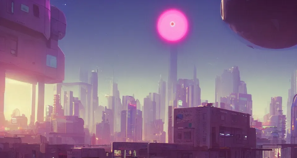 Image similar to A very beautiful cityscape scene with a GIANT LASER EYEBALL looming in the distance, rendered by simon stålenhag, rendered by Beeple, Makoto Shinkai, syd meade, environment concept, digital art, Gundam style, starwars, unreal engine, 3 point perspective, WLOP, trending on artstation, low level, 4K UHD image, octane render,