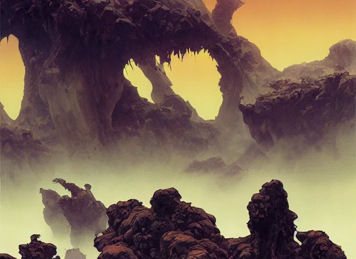 Image similar to the valley of dead giants, fluid, smooth, dark, organic, crazy, high contrast, sharpness, dramatic, by greg rutkowski and siudmak and richard corben and moebius