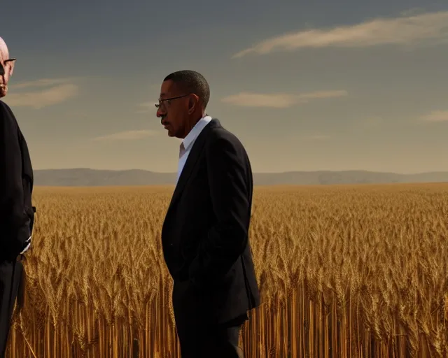 Prompt: extreme long shot of walter white and gustavo fring stand facing each other from a distance in a wheat field, low angle, side view, 3 5 mm photograph, 8 k resolution, wide shot, sharp lens