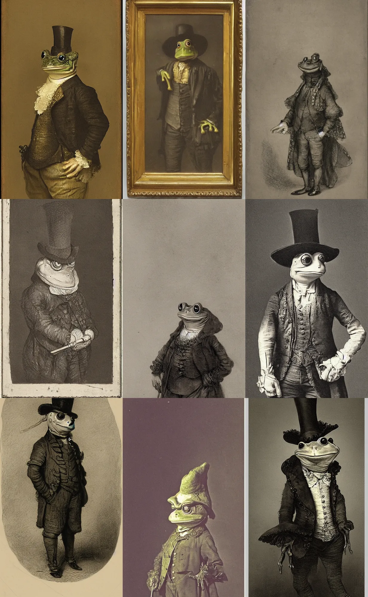 Prompt: subject: frog gentleman in a costume anthropomorphic medium shot portrait, style: Victorian England portrait by Rembrandt