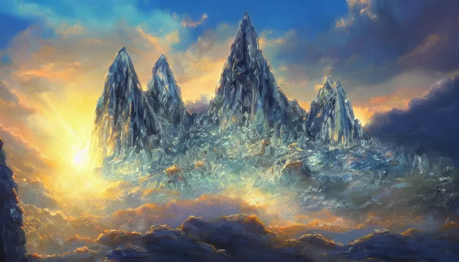 Prompt: a beautiful painting of a crystal castle set on top of a cliff, sun shining light rays thorugh the clouds, trending on artstation. blue color scheme