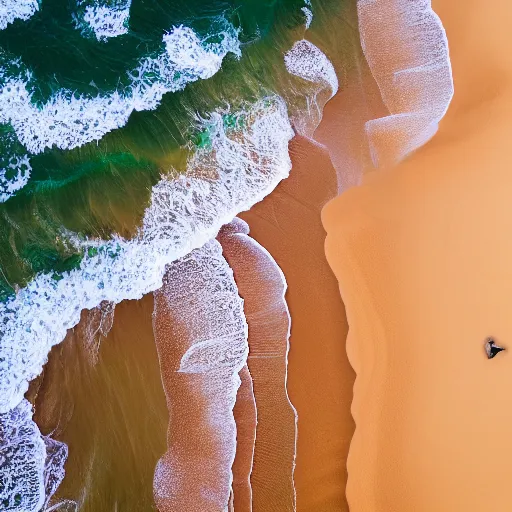 Image similar to waves rock sand, beautiful ambient light, top down drone shot, 8k