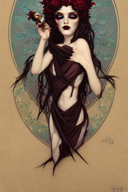 Image similar to androgynous vampire, flowerpunk, trending on art station, by brom, mucha, artgerm, natalie shau