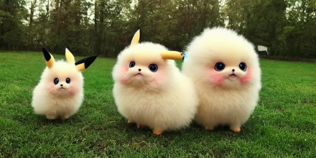 Image similar to real life pokemon, cute!!!, adorable!!!, chunky!!!, fluffy!!!, happy!!!, cheeky!!!, mischievous!!!, ultra realistic!!!, spring time, clear weather, golden hour, sharp focus