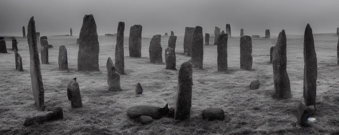 Prompt: 'an army of cats sit in front of the neolithic standing stones of stenness, haunting, fog, grainy, snowing, atmospheric clouds'