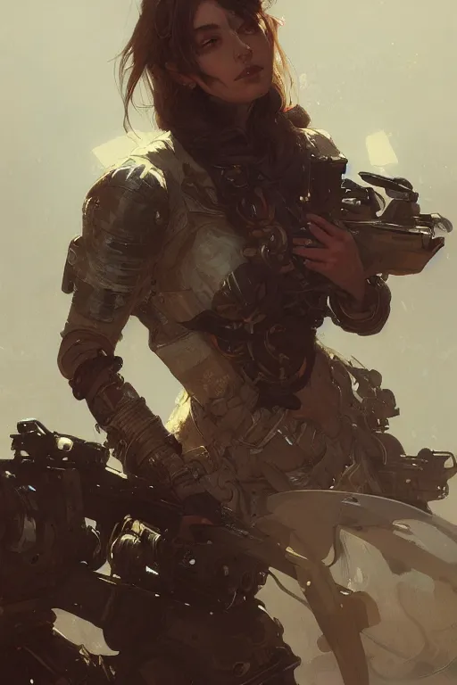 Image similar to A full portrait of a beautiful post apocalyptic heavy gunner, intricate, elegant, highly detailed, digital painting, artstation, concept art, smooth, sharp focus, illustration, art by Krenz Cushart and Artem Demura and alphonse mucha