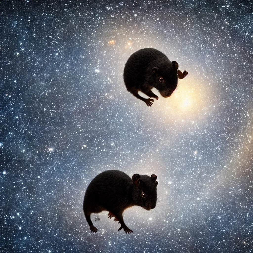 Image similar to a black gerbil eating the earth, starry background, space photography