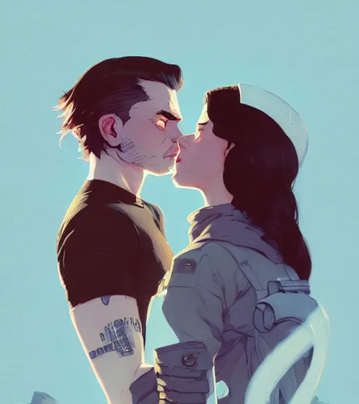 Image similar to portrait of bucky kissing natasha by atey ghailan, by greg rutkowski, by greg tocchini, by james gilleard, by joe fenton, by kaethe butcher, dynamic lighting, gradient light blue, brown, blonde cream and white color scheme, grunge aesthetic