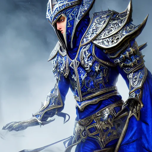 Image similar to concept art, full body portrait of king sorcerers, ornate, Blue and silver, armor, robes, Hyperrealistic, 4K, Unreal Engine, Highly Detailed, Dramatic Lighting, Beautiful