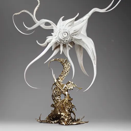Image similar to angelarium, illithid, cthulhu, white with gold accents, sculpture by ellen jewett