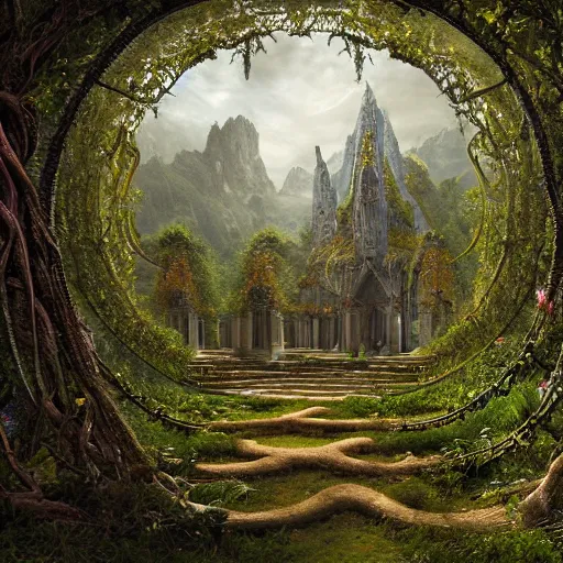 Prompt: a beautiful and highly detailed matte painting of an elven temple in a magical fantasy garden in a lush forest in the mystical mountains, celtic knots, tangled roots, knotted vines, intricate details, epic scale, insanely complex, 8 k, sharp focus, hyperrealism, very realistic, by caspar friedrich, albert bierstadt, james gurney, brian froud,