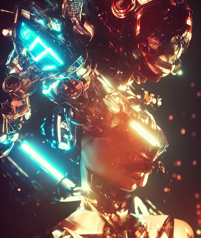 Image similar to japanese model cyborg with digital led panel skin, neon lighting, techno neon projector background, akihiko yoshida style, portrait photo, intricate details, ultra realistic, unreal engine 5, depth of field, bokeh, octane render