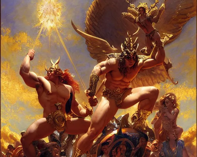 Image similar to lavish male deity, casting demonic magic, summoning ( muscular ) lucifer morning star, as they battle over the earthly realm, highly detailed painting by gaston bussiere, craig mullins, j. c. leyendecker, tom of finland