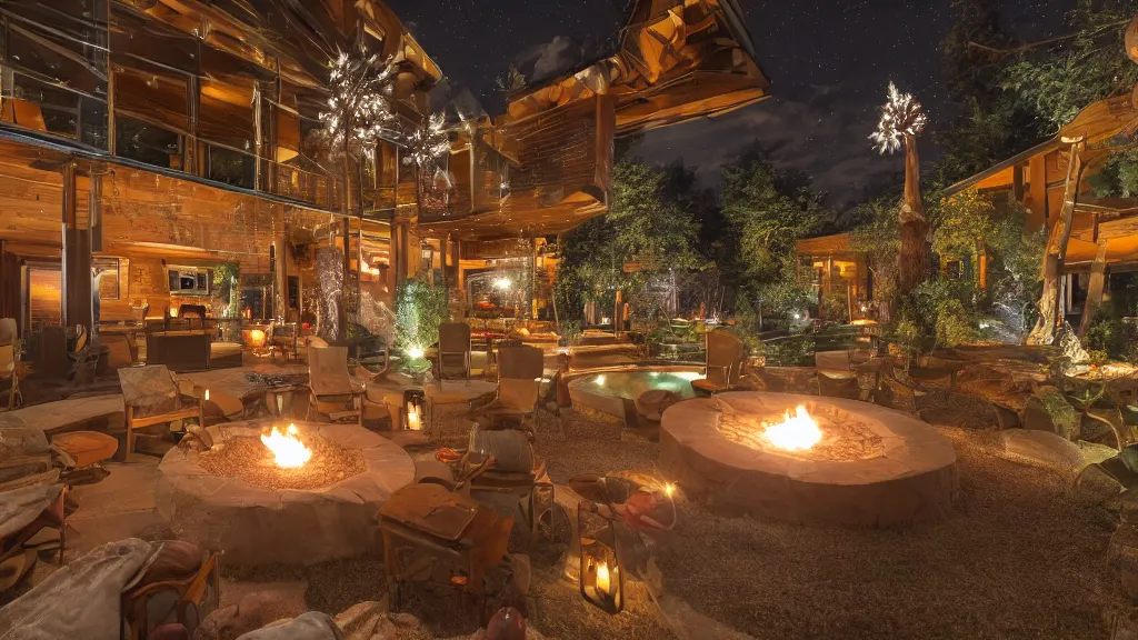 Prompt: party at midnight, in a modern house, peyote colors, fire pit, pool, hot tub, sauna, candles, people, cozy, warm, beautiful, cozy environment, ornate, intricate, glowing emitting light ornaments, 8 k, rule of thirds, cinematic, highly detailed, movie still