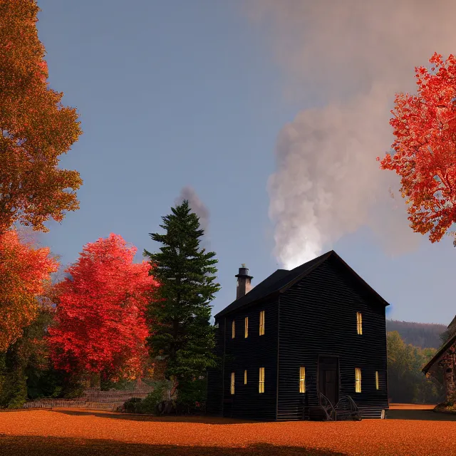 Image similar to black colonial new england house, tall maple tree in yard, large chimney with smoke, old street lamp, lights on inside, fall foliage, vermont mountain background, light cinematic, volumetric, realistic, cinematic lighting, ray tracing, unreal engine 5, octane render, hyper realistic, 8 k