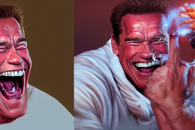 Prompt: Arnold Schwarzenegger laughing hysterically with crazy eyes, hyperrealistic, concept art, illustration, 8k, cinematic, digital painting, very detailed, volumetric lighting, artstation, octane render