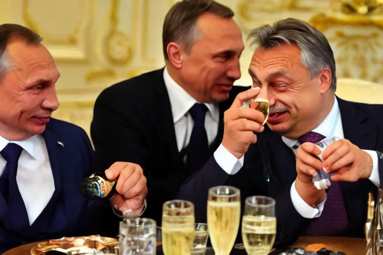 Image similar to viktor orban winking and drinking champagne with putin in front a burning city