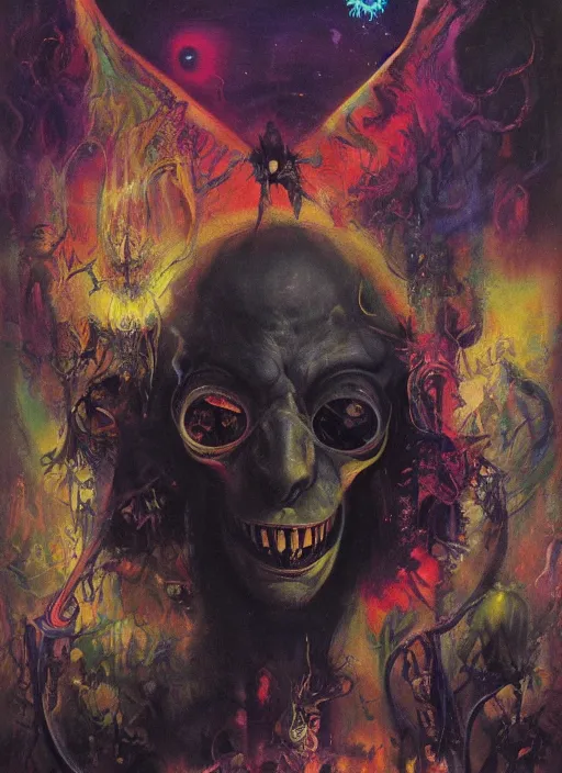 Image similar to gorgeous magic cult psychic mantis smiling, third eye, subjective consciousness psychedelic, epic surrealism expressionism symbolism, story telling, iconic, dark robed, oil painting, symmetrical face, dark myth mythos, by Paul Lehr, Noriyoshi Ohrai masterpiece