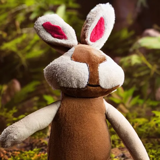 Prompt: a photo of a little brown bunny muppet plush out in nature and wearing a ninja outfit, photorealistic, photography, ambient occlusion, god rays, rtx, national geographic