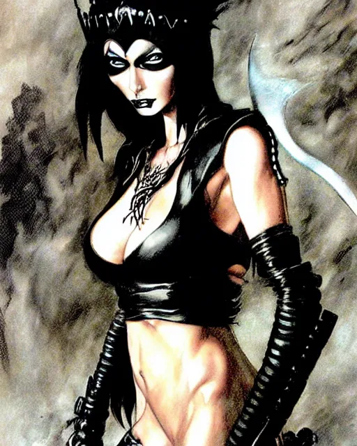 Image similar to portrait of a skinny punk goth sorceress wearing armor by simon bisley, john blance, frank frazetta, fantasy, barbarian