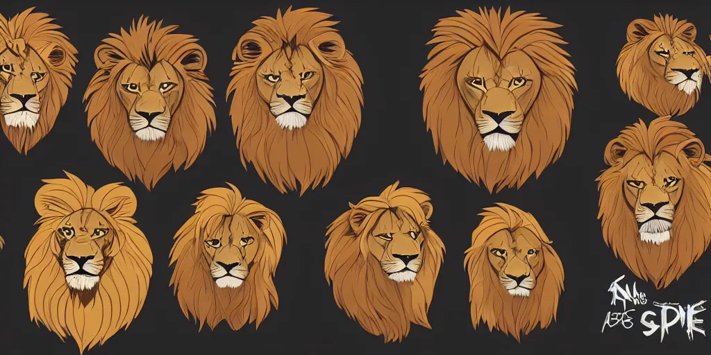 Prompt: game asset of unique lion heads on black background, organic, animated hanna barbera color palette, animated hanna barbera black inking, cel shading, 7 colors, no gradients, flat 2 d design, 2 d sprites, 8 k, close up