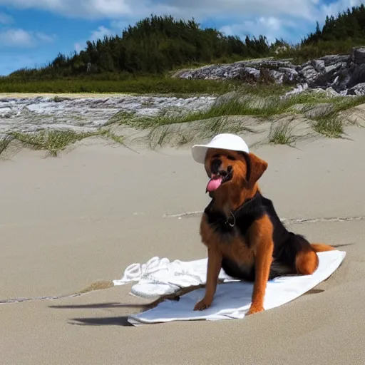Image similar to Dog with white hat on the beach having a picknick