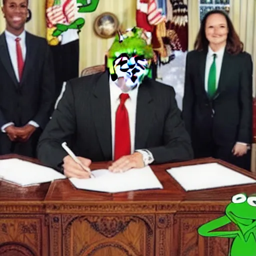 Image similar to Kermit the frog as President sitting in the Oval Office signing papers wearing a suit and tie